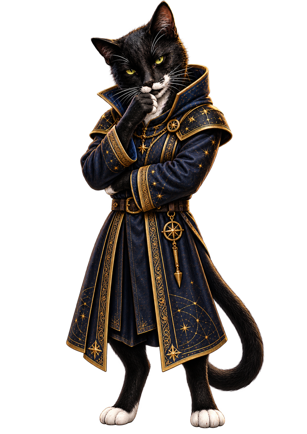 Mouse, black cat mascot in celestial robes for The Heavens Declare