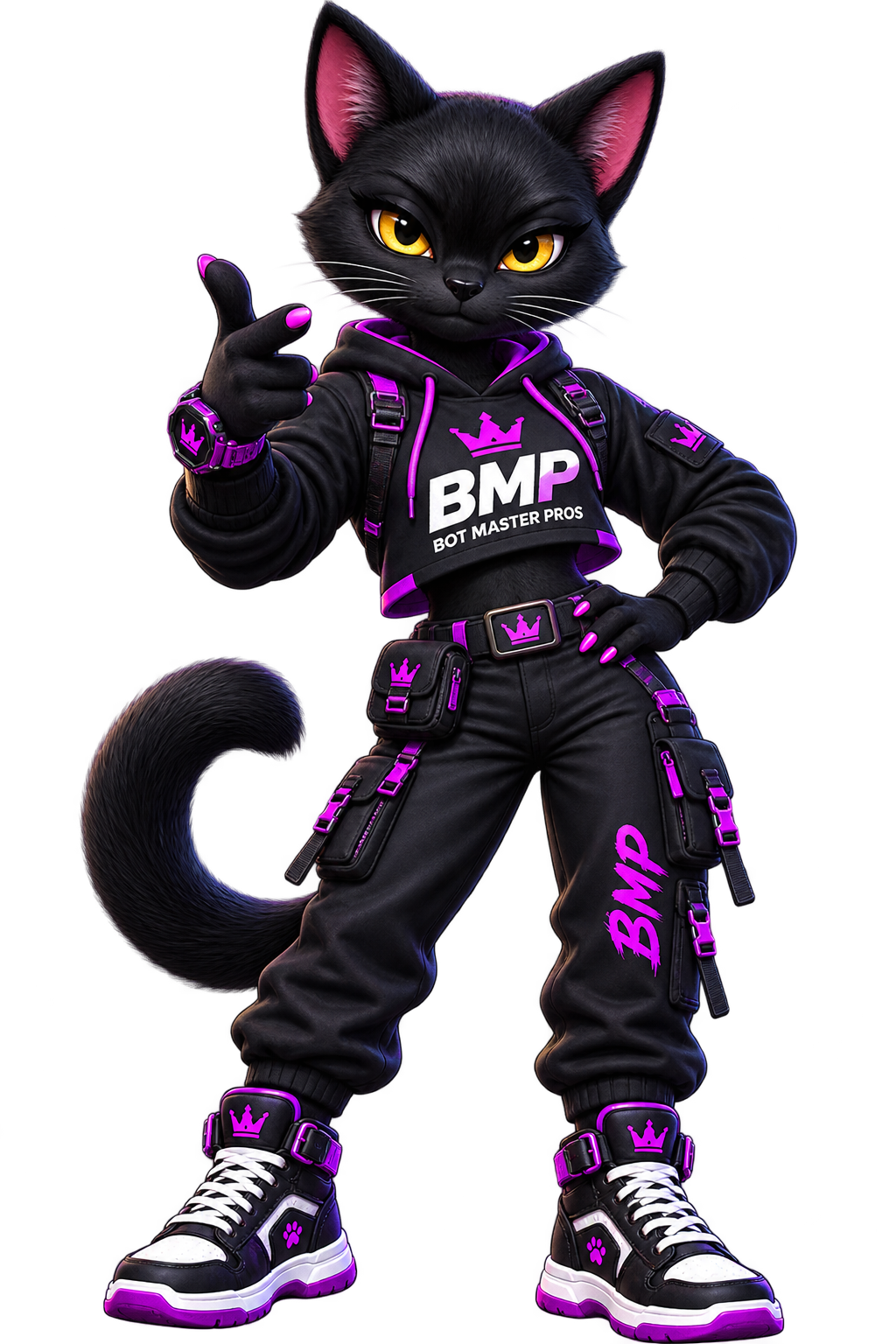 MJ, black cat Bot Master Pros mascot in purple-accented BMP streetwear