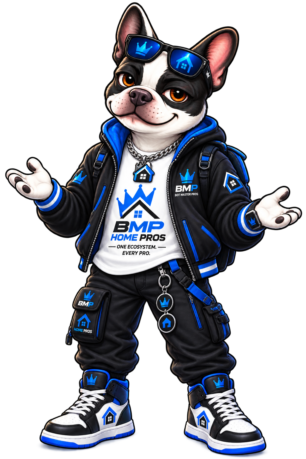 Louie, black and white French Bulldog mascot in a BMP Home Pros shirt
