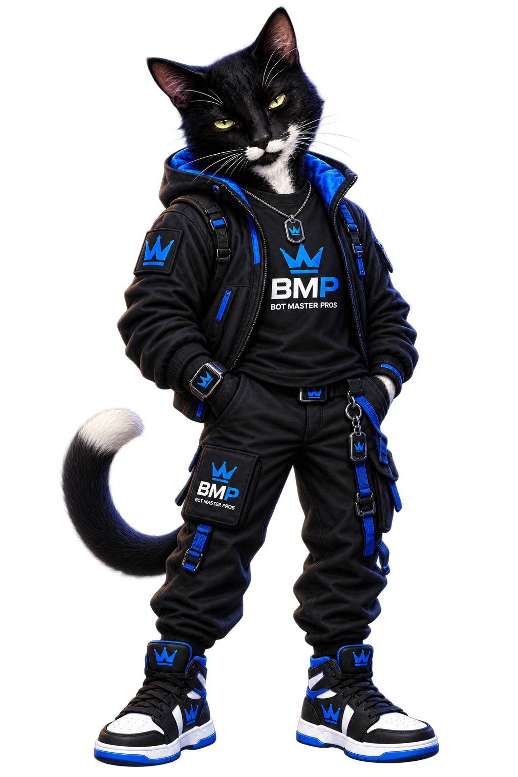 Mouse, tuxedo cat Bot Master Pros mascot in a black BMP bomber jacket
