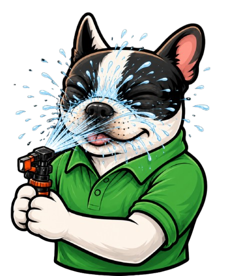 Louie in a green Sprinkler Pros shirt holding a sprinkler