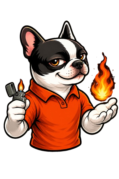 Louie in an orange Gas Fireplace Pros shirt holding a flame