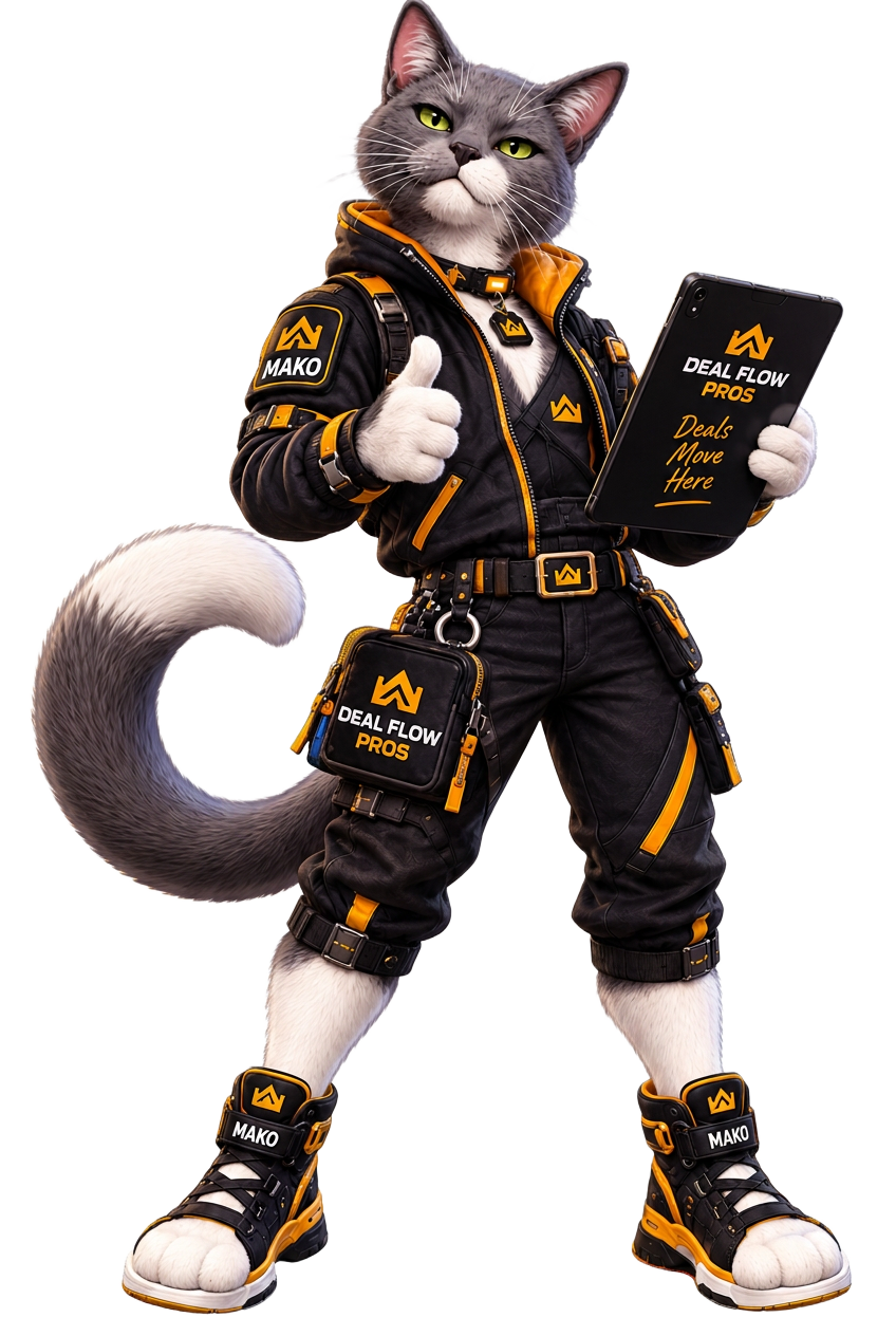 Mako, grey cat mascot in Deal Flow Pros gear holding the deal pipeline