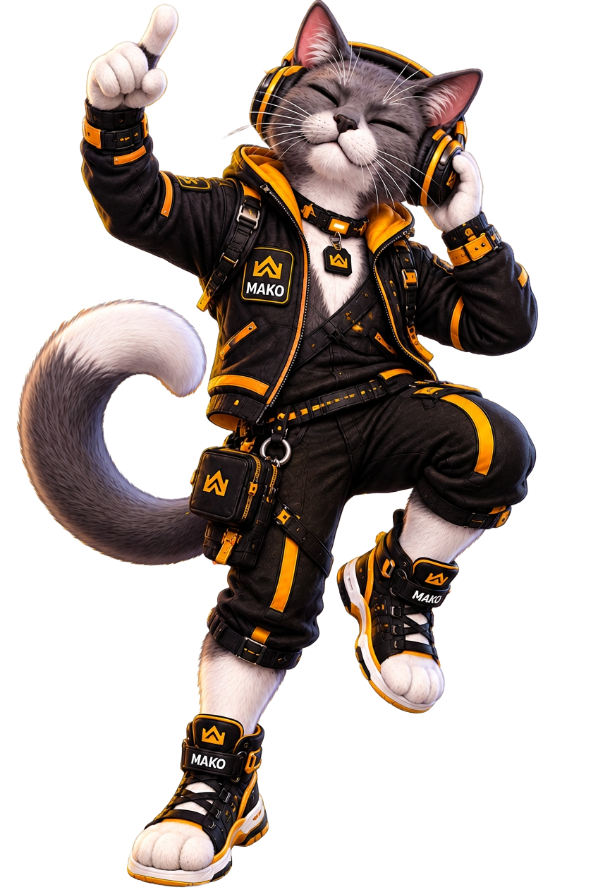 Mako, grey cat mascot listening to music in Bot Master Pros gear